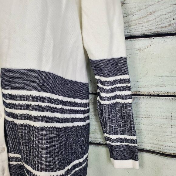 Christopher & Banks Cardigan L White Navy Button Front 100% Cotton Striped - Picture 2 of 6